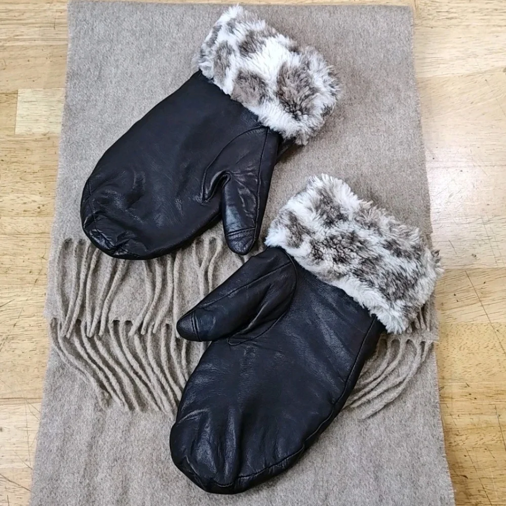 Lands End Cashmere Cuffs Leather Gloves Mittens Size Sm Med Fringed Scarf Beige